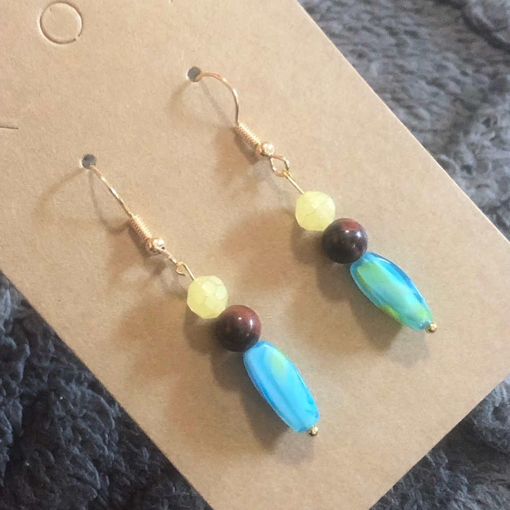 Handcrafted art glass genuine stone mookaite dangle earrings